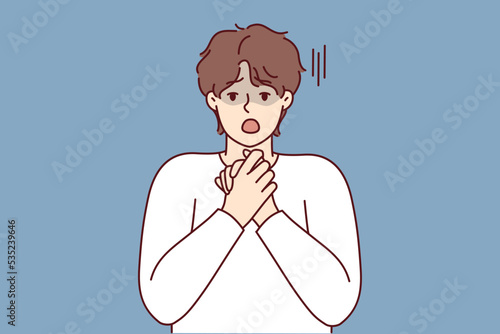 Shocked young man feel surprised and astonished with unbelievable news. Stunned male amazed by unexpected message or information. Vector illustration. 