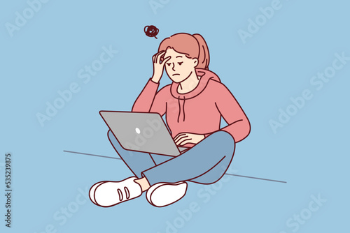 Female student work on laptop thinking suffer from inspiration lack. Stressed woman study on computer struggle with distraction. Vector illustration. 