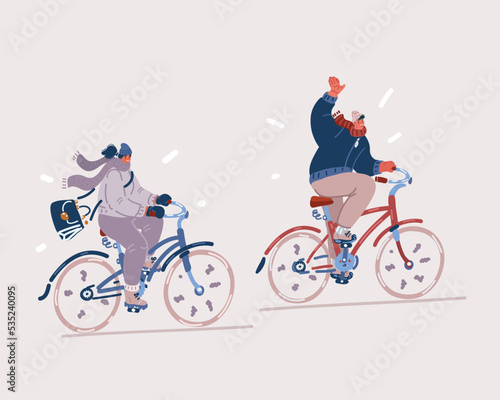 Vector illustration of Happy young couple are riding bikes in cold weather. Man and woman in winter or autumn clothes with scarfs are cycling