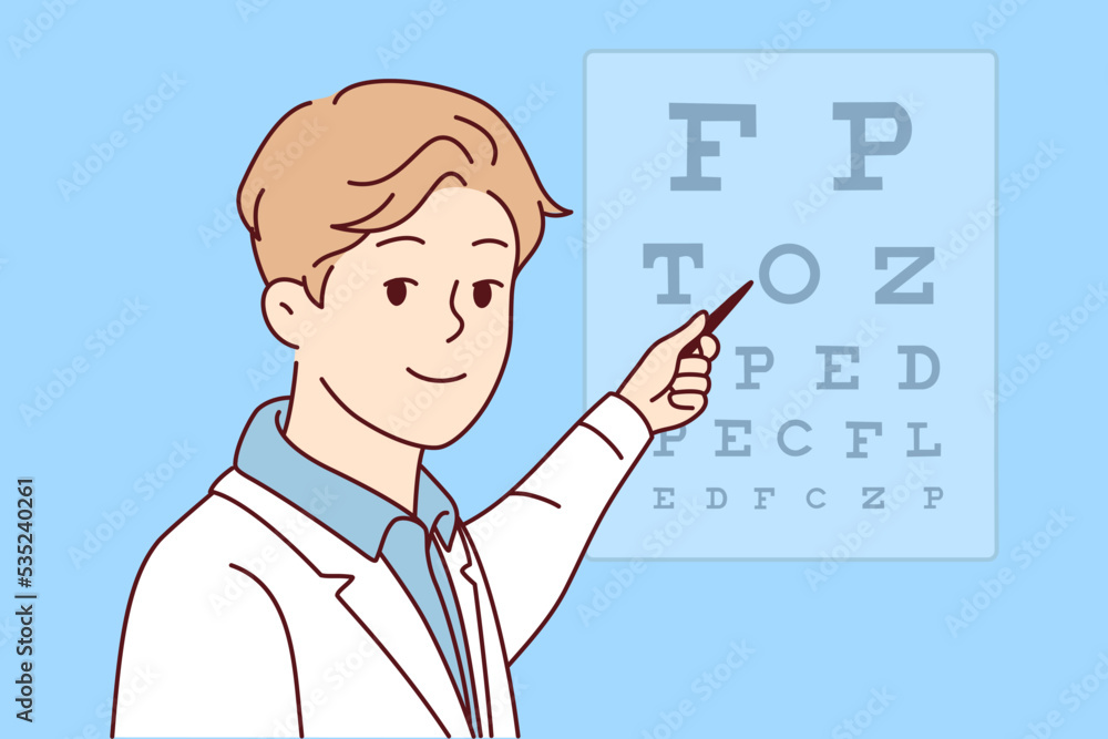 Smiling male doctor in white uniform show letters on board for patient. Happy ophthalmologist or eye specialist do checkup for patient. Vector illustration. Smiling male doctor in white uniform show letters on board for patient. Happy ophthalmologist or eye specialist do checkup for patient. Vector illustration.