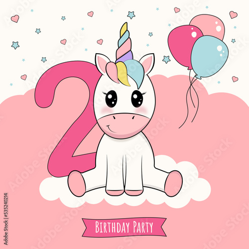 Birthday invitation with little unicorn, 2 years old. Vector illustration.