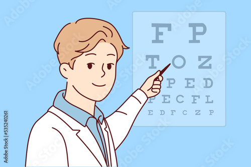 Smiling male doctor in white uniform show letters on board for patient. Happy ophthalmologist or eye specialist do checkup for patient. Vector illustration. 