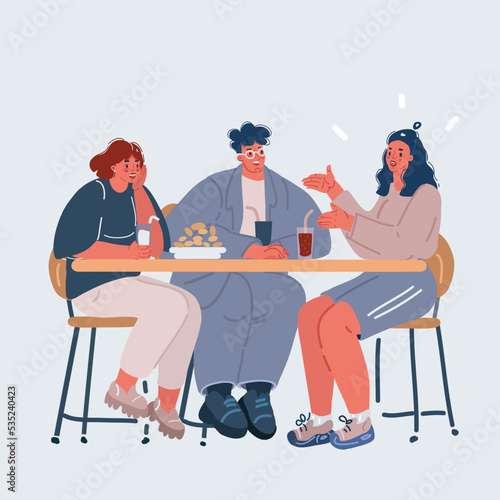 Vector illustration of Three friends or coworkers sitting together at the table in cafe and talking each other.