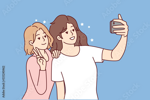 Smiling girls making selfie on smartphone together. Happy women have fun take self-portrait picture on modern cellphone camera. Vector illustration. 