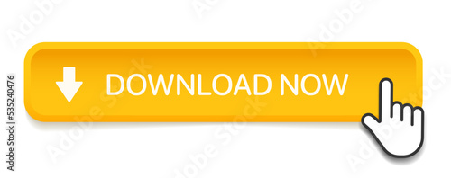 3d download now yellow button with hand cursor. Save cloud icon button hand pointer clicking. Click here banner with shadow. Click push button isolated. Online shopping.