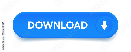 3d download now blue button with hand cursor. Save cloud icon button hand pointer clicking. Click here banner with shadow. Click push button isolated. Online shopping. photo