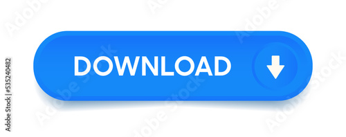 3d download now blue button with hand cursor. Save cloud icon button hand pointer clicking. Click here banner with shadow. Click push button isolated. Online shopping.