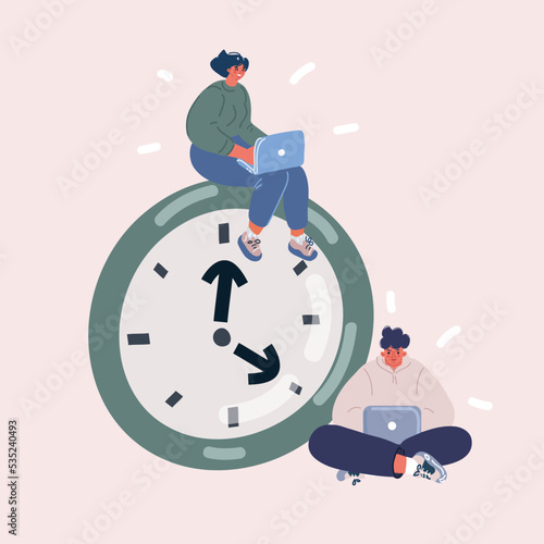 Vector illustration of Time management and deadline concept. Woman employee sitting on big watch. Workflow, multitasking and work planning.