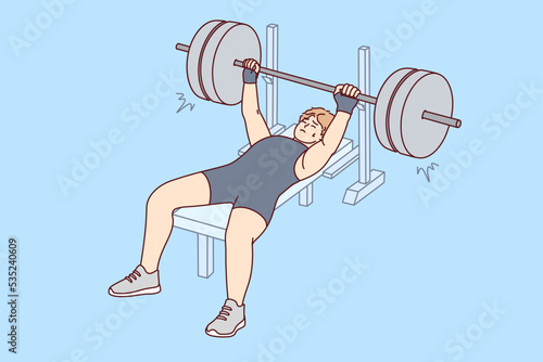Male athlete in sportswear lift barbell in gym. Man powerlifter training preparing for competition. Sport and workout. Vector illustration. 
