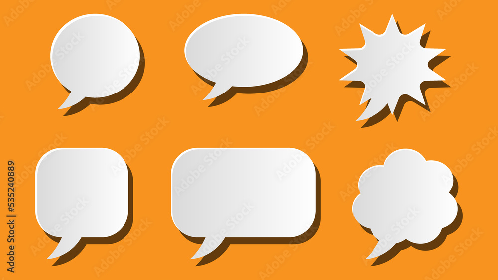 speech bubble set. blank cartoon chat box with shadow isolated on orange background speech bubble set. blank cartoon chat box with shadow isolated on orange background