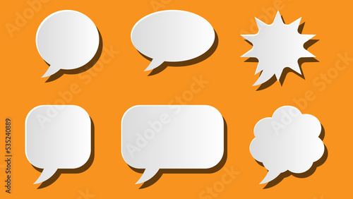 speech bubble set. blank cartoon chat box with shadow isolated on orange background