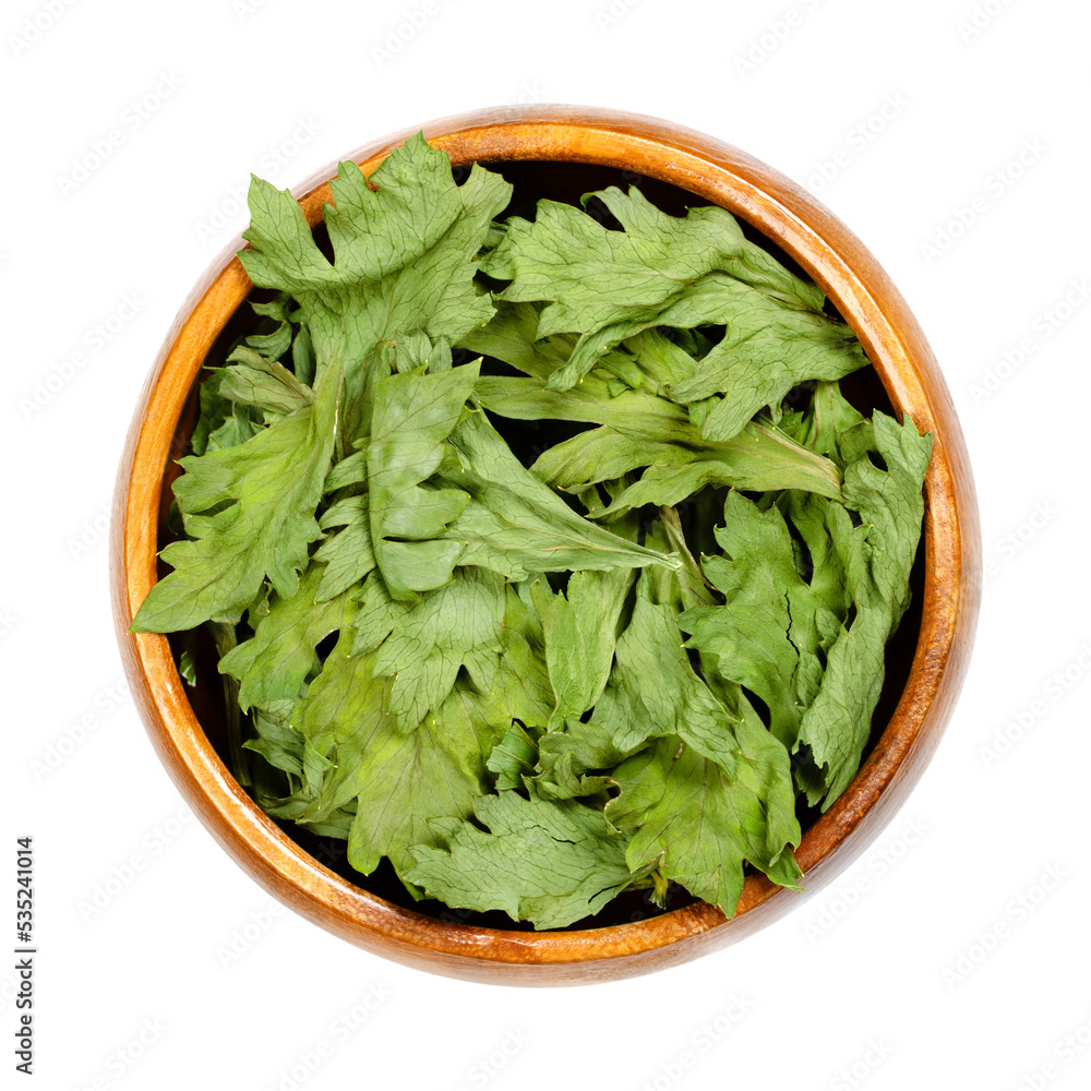 Celery, dehydrated green leaves, in a wooden bowl. Apium graveolens var. graveolens, root vegetable, primarily grown for its stalk. Leaves with strong flavor, used in soups, stews and as dried herb. Celery, dehydrated green leaves, in a wooden bowl. Apium graveolens var. graveolens, root vegetable, primarily grown for its stalk. Leaves with strong flavor, used in soups, stews and as dried herb.