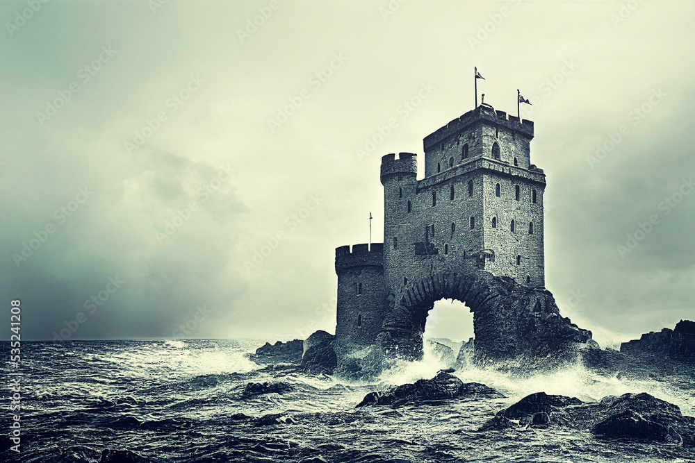 Medieval castle on the sea waterfront with stormy weather and raging waves, digital art made with generative AI