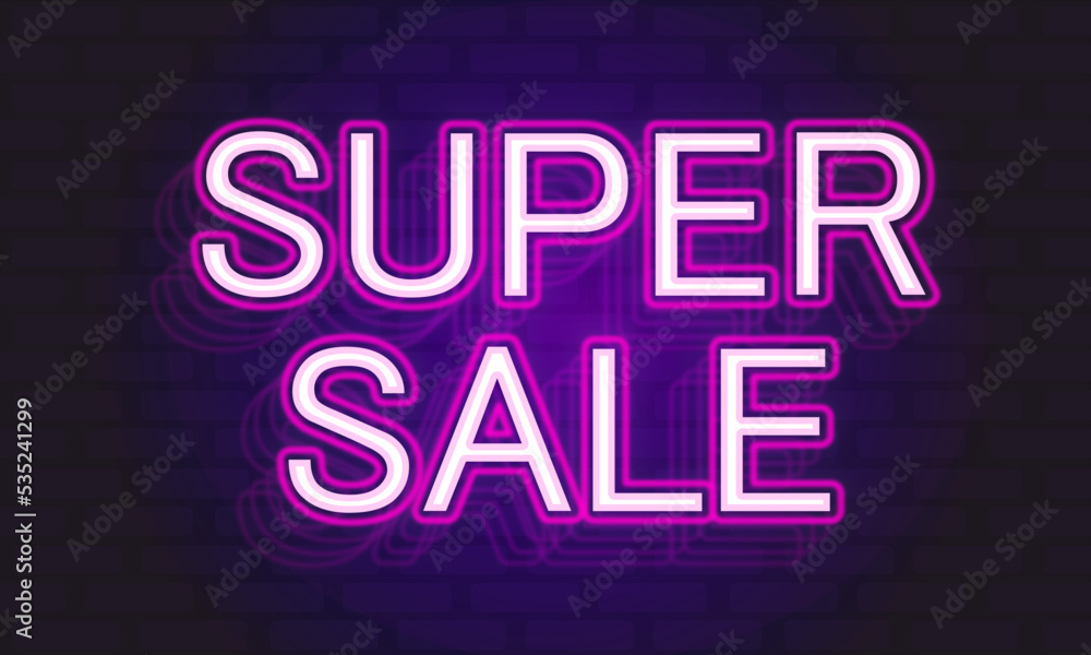 Neon trendy geometric super sale sign. Pink glowing memphis black with handwritten friday words. Square line art 1980s style neon illustration on brick wall background