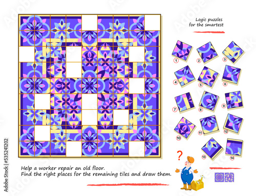 Logic puzzle for children and adults. Help a worker repair ancient floor. Find right places for remaining tiles and draw them. Educational game. Kids brain teaser book. Developing spatial thinking.