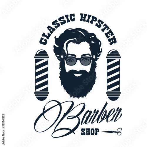 Barbershop logo design with vintage ornaments, and retro lettering illustration in vector format. Isolated on thw white background.