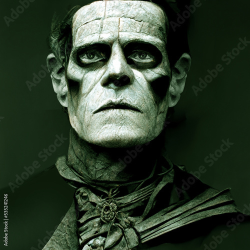 Frankenstein monster dramatic portrait, literary and fantastic illustration made with generative AI