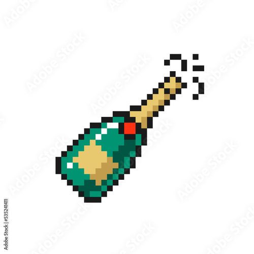 Bottle of champagne icon in pixel art design isolated on white background, Christmas and New Year vector sign symbol.