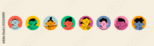 Portraits of diverse young people. Cute funny characters. Trendy modern art. Cartoon, minimal, abstract contemporary style. Round avatar, icon, logo templates. Hand drawn Vector isolated illustrations