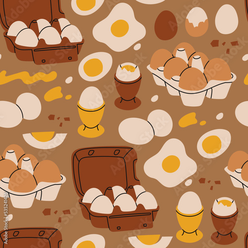 Chicken Eggs in carton boxes, boiled and fried eggs. Eggs with and without shell. Breakfast, organic farm food concept. Poultry production. Hand drawn Vector illustration. Square seamless Pattern