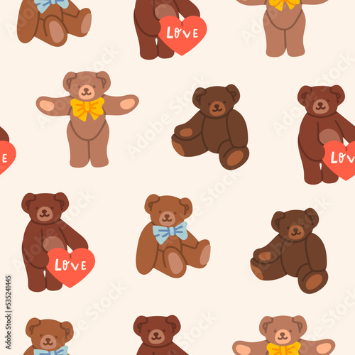 Set of cute Teddy Bears. Various funny characters. Valentines day  love  romance  toy  gift concept. Cartoon style. Hand drawn colorful Vector illustration. Square seamless Pattern