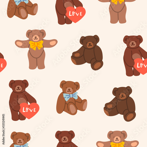 Set of cute Teddy Bears. Various funny characters. Valentines day, love, romance, toy, gift concept. Cartoon style. Hand drawn colorful Vector illustration. Square seamless Pattern