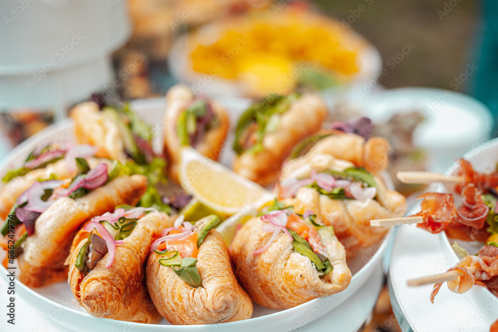 Croissant with meat and vegetables and greens on a white dish Croissant with meat and vegetables and greens on a white dish