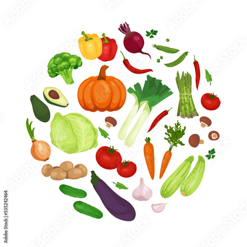 Collection farm product organic eco vegetable vector circle isolated on a white background. Flat illustrations for restaurant menu  market  label. Healthy food design