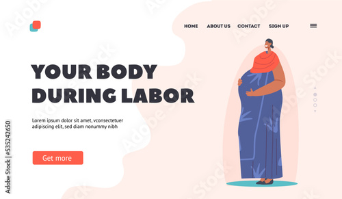 Body during Labor, Pregnancy and Motherhood Landing Page Template. Beautiful Pregnant Indian Woman, Young Mother