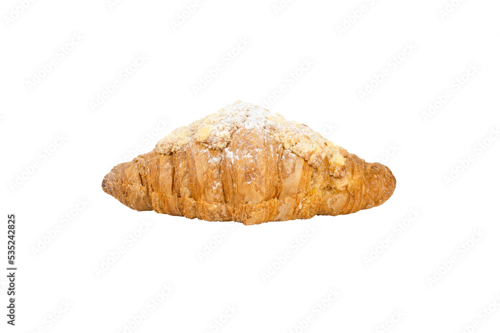 Fresh croissant with powdered sugar isolated on white background. Fresh croissant with powdered sugar isolated on white background.