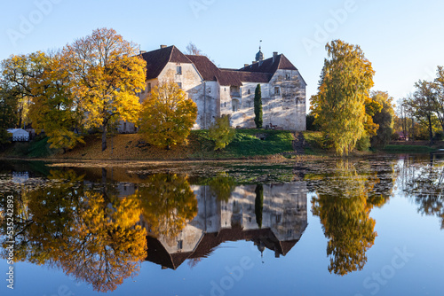 the reflection of the medieval manor in the lake