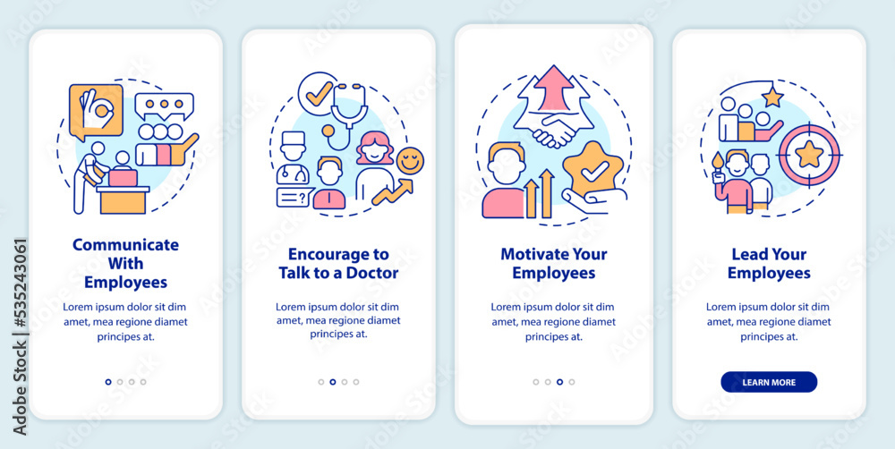 Leaders guide onboarding mobile app screen. Prevent employee burnout walkthrough 4 steps editable graphic instructions with linear concepts. UI, UX, GUI template. Myriad Pro-Bold, Regular fonts used