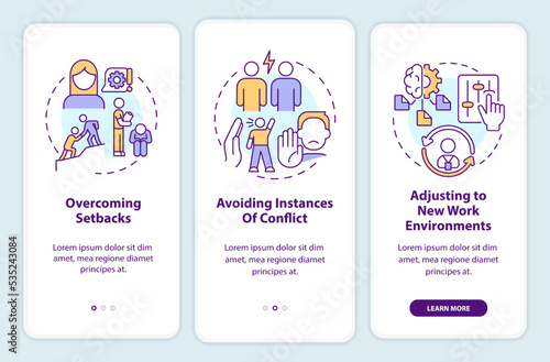 Benefits of resilient workforce onboarding mobile app screen. HR walkthrough 3 steps editable graphic instructions with linear concepts. UI, UX, GUI template. Myriad Pro-Bold, Regular fonts used