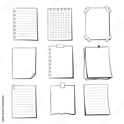 Set of blank paper sheets, hand drawn illustrations, comic style drawing