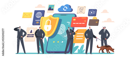 Mobile Data Protection, Privacy in Internet Concept. Tiny Safeguards Characters with Shepherd Dog at Huge Smartphone