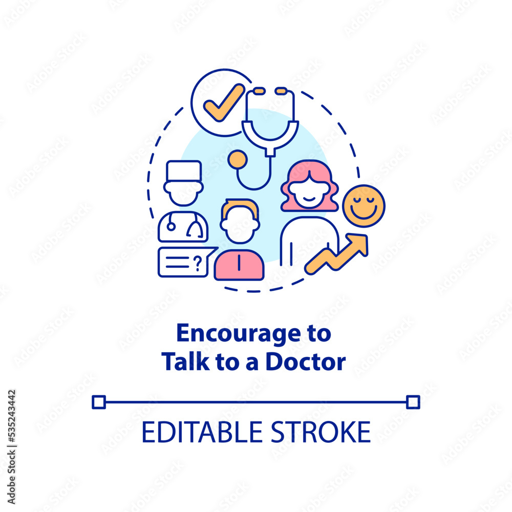 Encourage to talk to doctor concept icon. Employees healthcare engagement abstract idea thin line illustration. Isolated outline drawing. Editable stroke. Arial, Myriad Pro-Bold fonts used