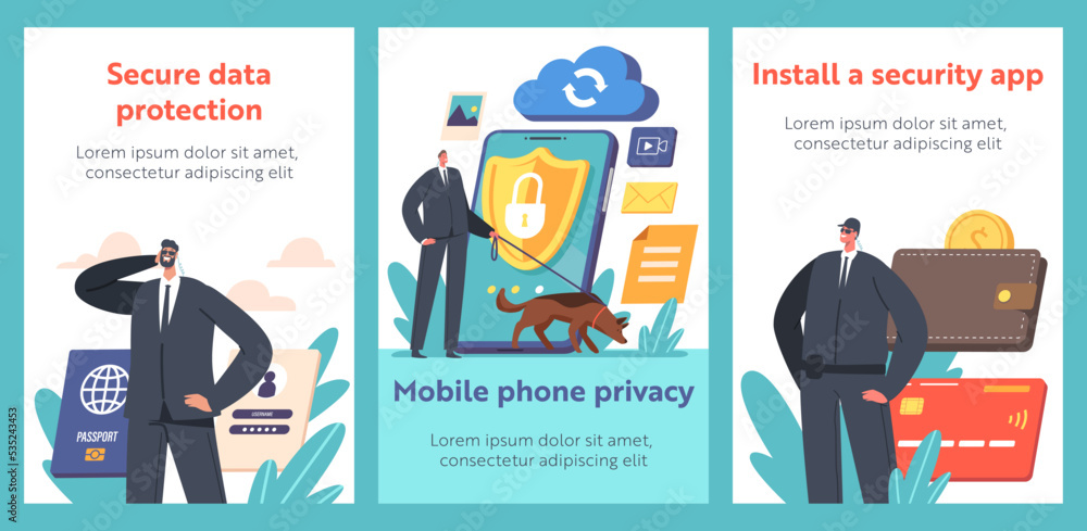 Mobile Data Protection, Privacy in Internet Cartoon Banners. Tiny Safeguards Characters with Shepherd Dog at Smartphone