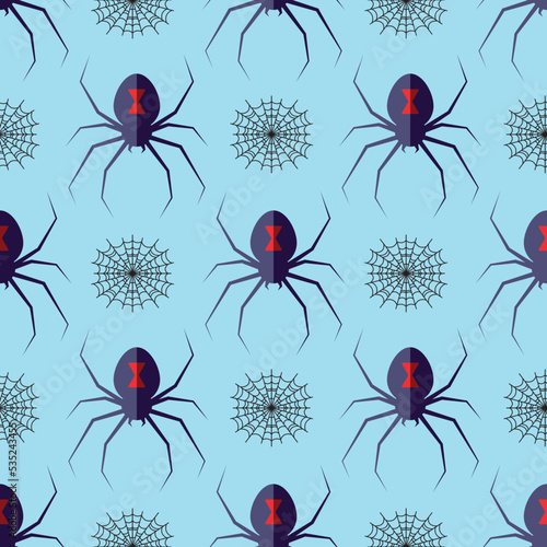 Halloween concept. Vector seamless pattern of web and spider on blue background. Suitable for postcards, fabric, textile, wrappers, wallpapers
