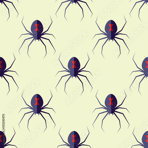 Halloween concept. Vector seamless pattern of spider on light yellow background. Suitable for postcards, fabric, textile, wrappers, wallpapers