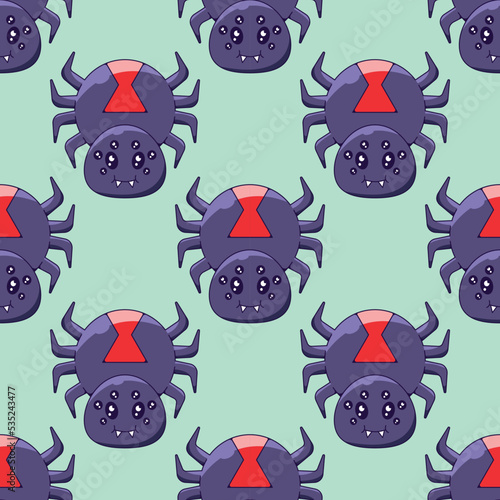 Halloween concept. Vector seamless pattern of spider on light green background. Suitable for postcards, fabric, textile, wrappers, wallpapers