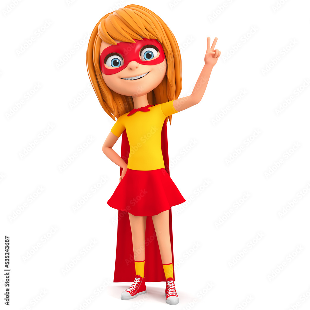 Cartoon character girl in a super hero costume on a white background raised two fingers up. 3d render illustration. Cartoon character girl in a super hero costume on a white background raised two fingers up. 3d render illustration.