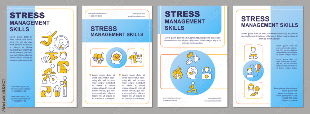 Stress relief techniques blue brochure template. Mental health care. Leaflet design with linear icons. Editable 4 vector layouts for presentation, annual reports. Arial, Myriad Pro-Regular fonts used