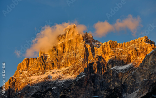Sunset view on the Sorapiss Massif, from S. Vito di Cadore, Belluno district, Veneto, Italy, Europe. Range with characteristic peaks, wooded areas and lakes, a popular place for hiking and cycling.