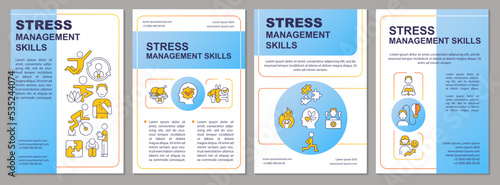 Stress relief techniques blue brochure template. Mental health care. Leaflet design with linear icons. Editable 4 vector layouts for presentation, annual reports. Arial, Myriad Pro-Regular fonts used