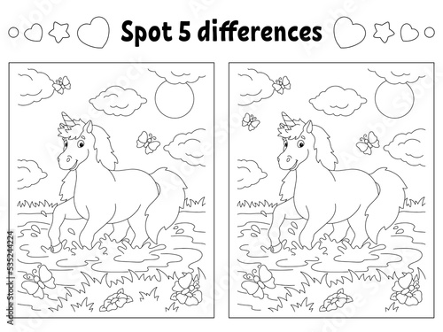 Find five differences. Coloring page for kids. Activity worksheet for children. Vector illustration isolated on white background.