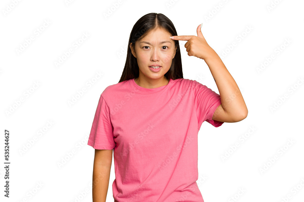 Young Asian woman isolated on green chroma background showing a disappointment gesture with forefinger. Young Asian woman isolated on green chroma background showing a disappointment gesture with forefinger.