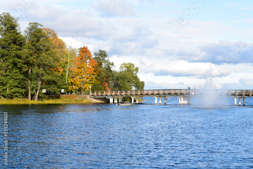 a beautiful view of the lake with a fountain and a footbridge on a sunny day in autumn