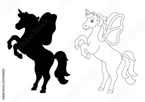 Black silhouette unicorn. Design element. Vector illustration isolated on white background. Template for books, stickers, posters, cards, clothes.