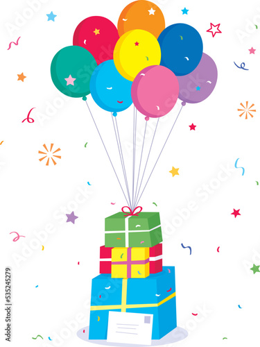 Nice vector illustration of birthday celebrations with presents and balloons and stars and confetti