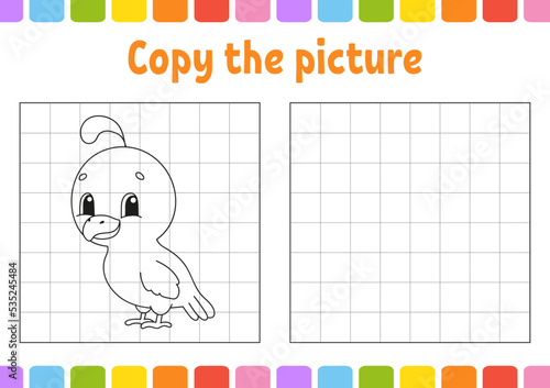 Copy the picture. Coloring book pages for kids. Education developing worksheet. Game for children. Handwriting practice. Funny character. Vector illustration.